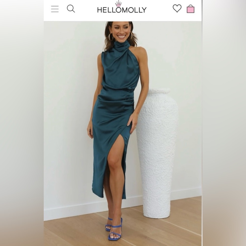 High-neck asymmetrical teal satin dress. Size M. Only worn once